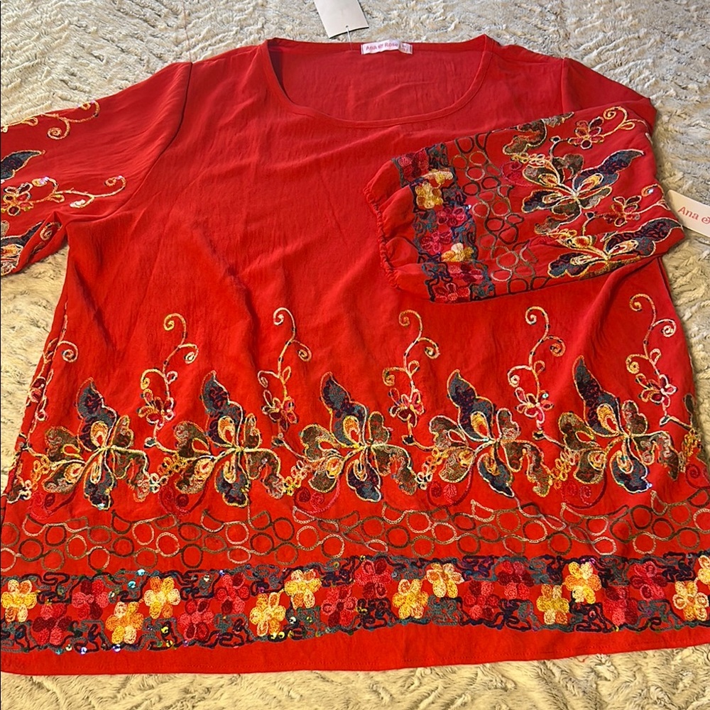 Red Floral Embroidered Women's Top